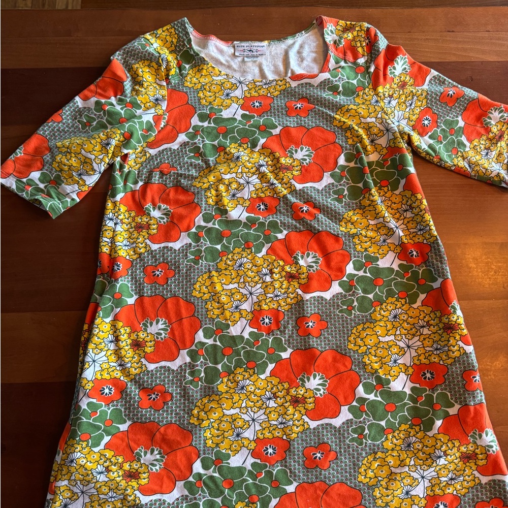Unique Vintage Blue Platypus 70s Floral Patterned Dress